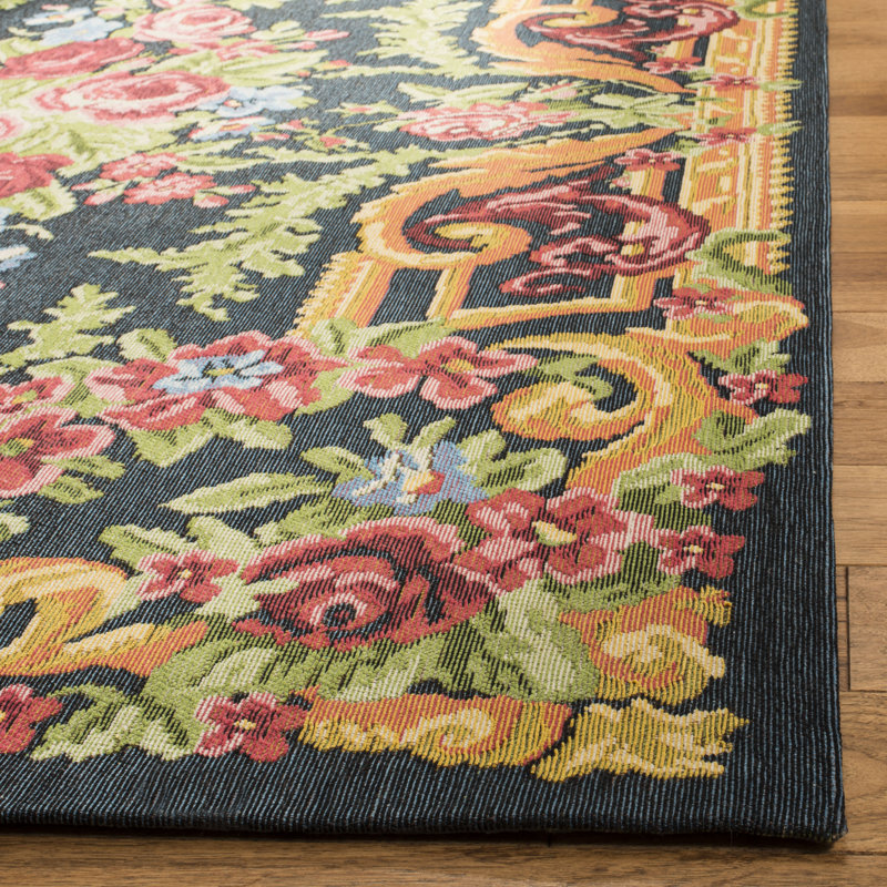 Classic Vintage Black and Rose Floral 4' x 6' Cotton Area Rug