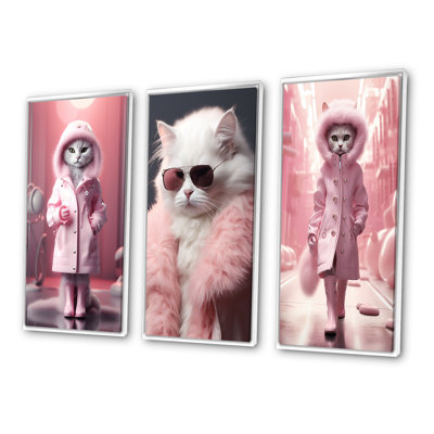 3 Pieces on Canvas - White Fashionista Cat In Pink Coat