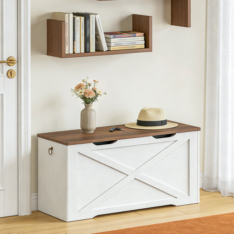 Storage Chest, Storage Bench With Metal Hinge And Pull Handles, Wooden Toy Chest, Toy Box, White/Walnut