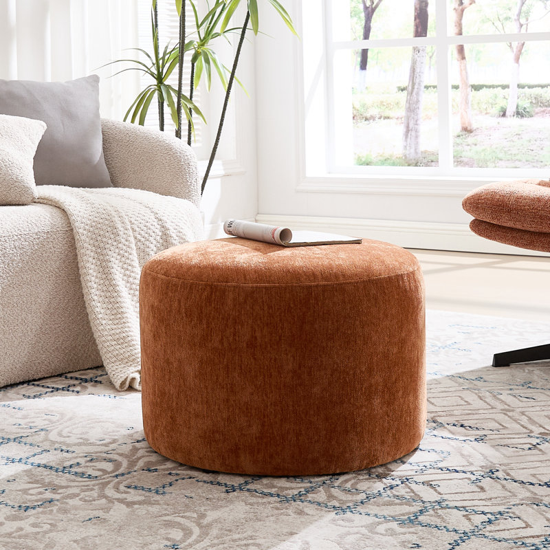 Anease 22.6" Modern Round Upholstered Pouf Ottoman, Brown Chenille