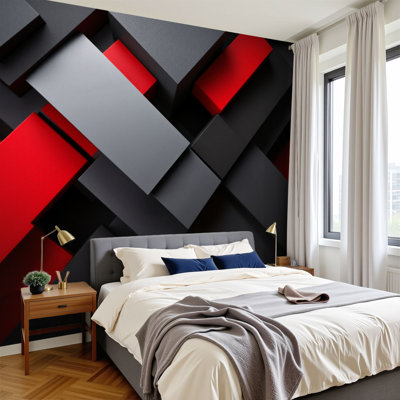 Peel and Stick Wallpaper Abstract Red Black Geometric 3D Blocks Modern Minimalist Wall Murals 100"H x 144"W Removable PVC Wall Paper Self-Adhesive Wall Decor for Bedroom Living Room Home Office