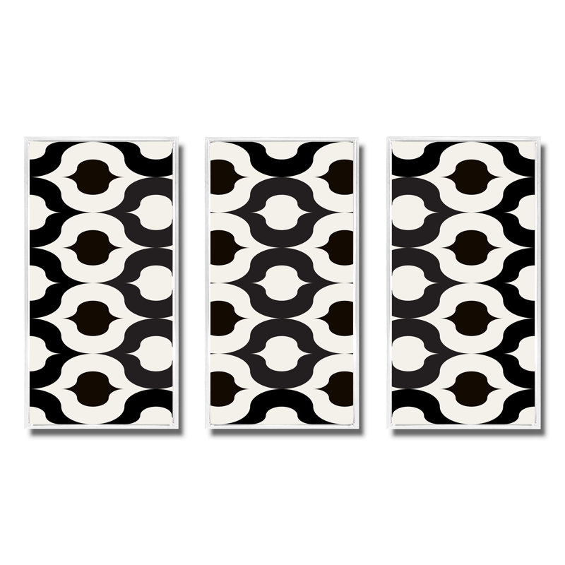 «Black and White Retro Geometrics», ensemble de 3 reproductions d'art encadrées sur toile, L 48 po x H 32 po, Cadre blanc