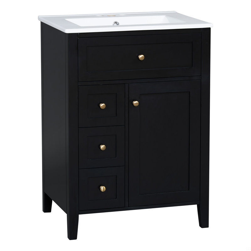 Meuble-lavabo de 24 po avec rangement, tablette réglable, panneau de fibres à densité moyenne et bois d'hévéa, cloisons amovibles