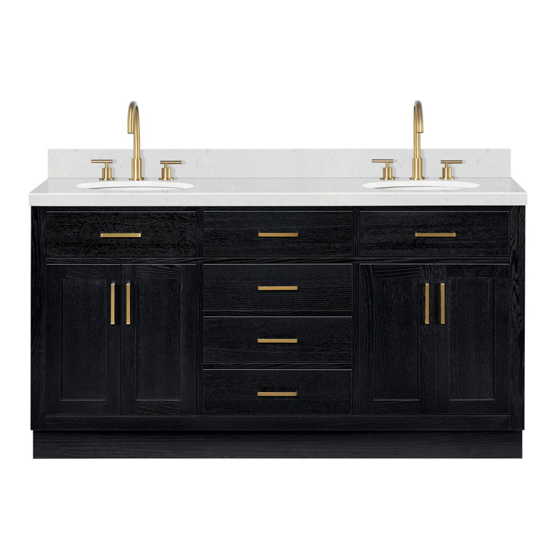 Thornaby 66'' Solid Wood Double Bathroom Vanity with 1.5'' Carrara Quartz Top, Oval, Black Oak / Satin Brass