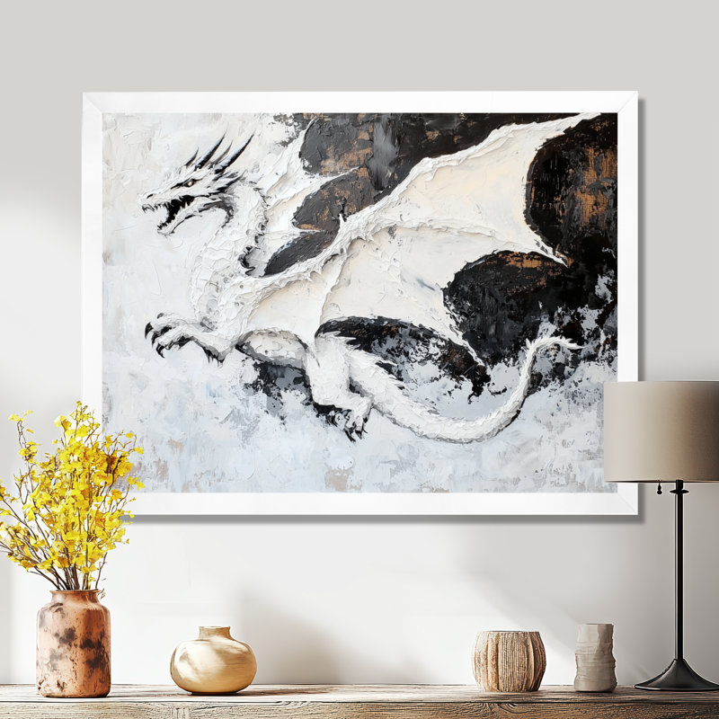 «Black and White Dragon In Flight - Dragons», reproduction d'art murale, H 12 po x l 20 po, Blanc