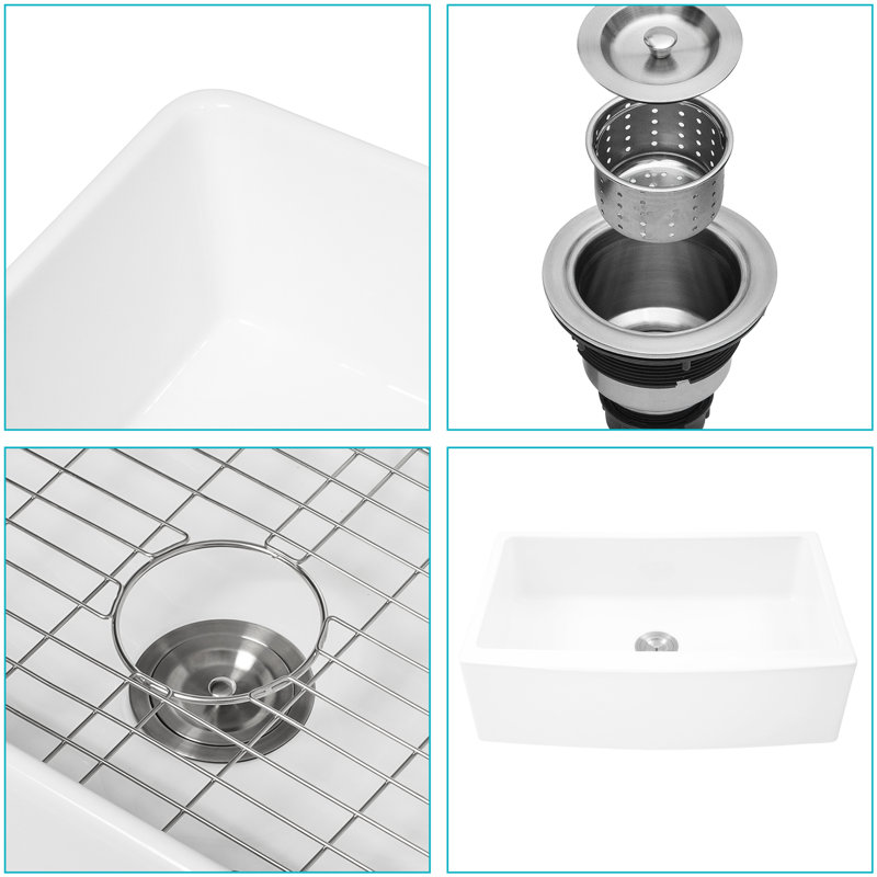 Évier de cuisine blanc 33 po en céramique, tablier à bord arqué pour la cuisine, résistant aux dommages, avec accessoires à la mode