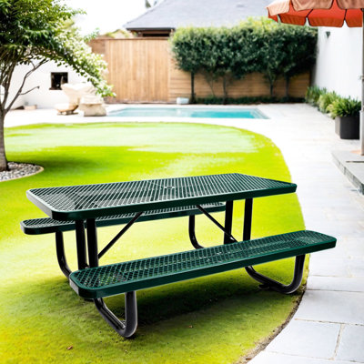 6 pi Table de pique-nique rectangulaire d'extérieur avec structure en acier solide et mât de parasol, pour une utilisation à long terme, largeur spacieuse de 61,08 pouces, confort, métal facile à nettoyer, s'adapte à divers espaces et structure