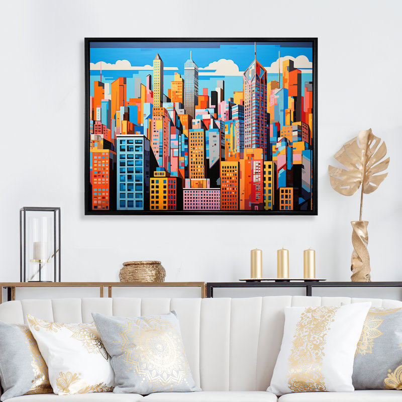 Pop Art Chicago Cityscape II - impression, H 24 po x l 32 po x P 1 po, Cadre flottant noir