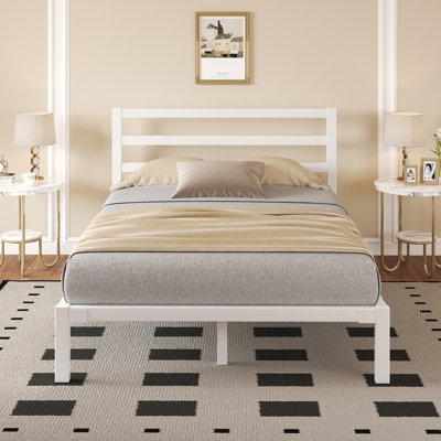 Queen Elegant Metal Bed Frame with Classic Headboard, Under-Bed Storage, Easy Assembly, White