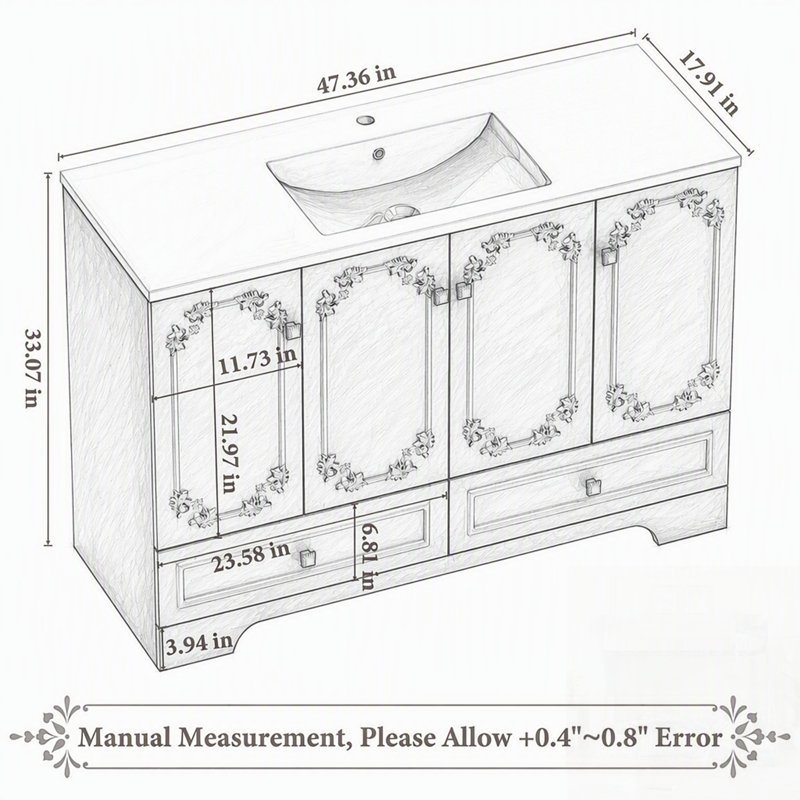 Armoire de salle de bain sculptée de style français avec rangement abondant, portes à fermeture douce et tiroirs, White