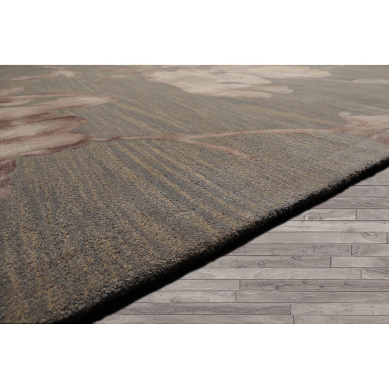 Tapis gris contemporain en laine botanique touffeté à la main de style oriental, Rectangle 8 pi 8 po x 12 pi
