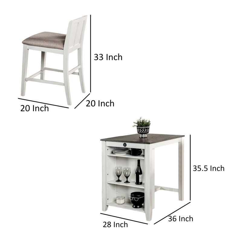 Ensemble de table à hauteur de comptoir 3 pièces Lessi avec tablette latérale Lessi, bois USB, Gris, Blanc, Gris / blanc
