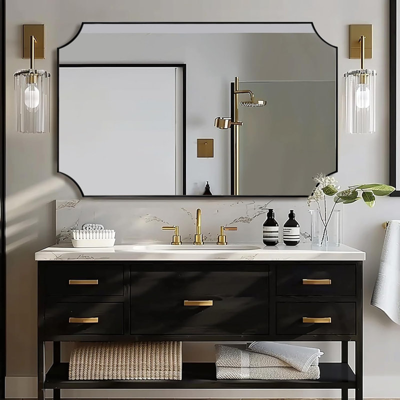 Tariro Contemporary Notched Corner Scalloped Rectangle Bathroom Vanity Mirror | Stainless Steel Frame, Matte Black, 48" x 30"
