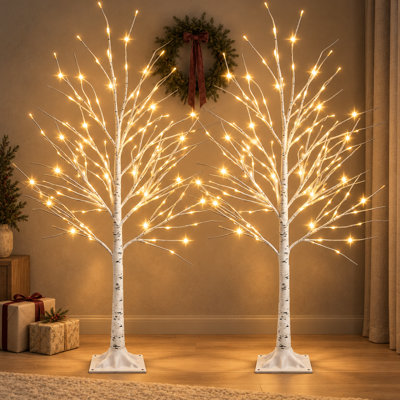 Pre-Lit Artificial Birch Tree, 6ft with 144 Warm White LED Fairy Lights Each, 2 Pack, for Indoor & Outdoor Christmas Holiday Decor