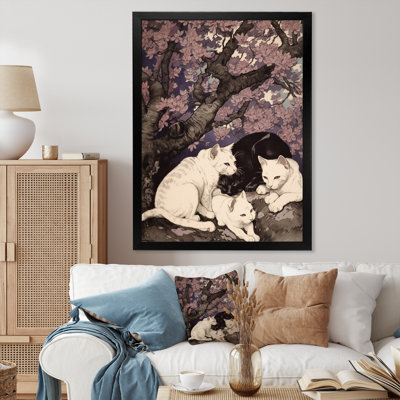 Chat blanc et chat noir dormant sous un arbre - impression