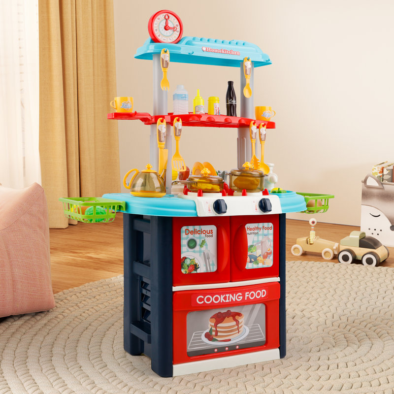Pretend Kitchen Cooking Food Set For Toddler With Sound And Light, Blue