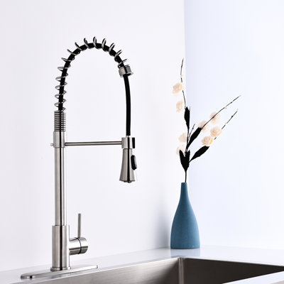 Modern Stainless Steel Kitchen Faucet In Brushed Nickel - Single Handle Spring High Arc, Pull Down , To Fatigue And Wear With Swivel Function Spring, Fading Discoloration