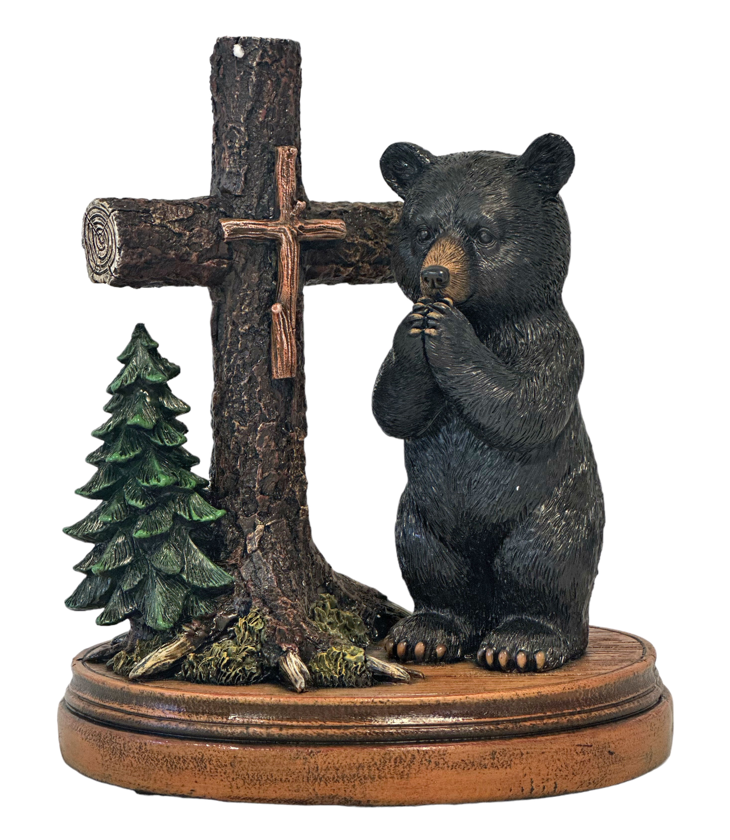 Millwood Pines Dejarae Praying Black Bear with Woodland Forest Tree Standing Cross Religious