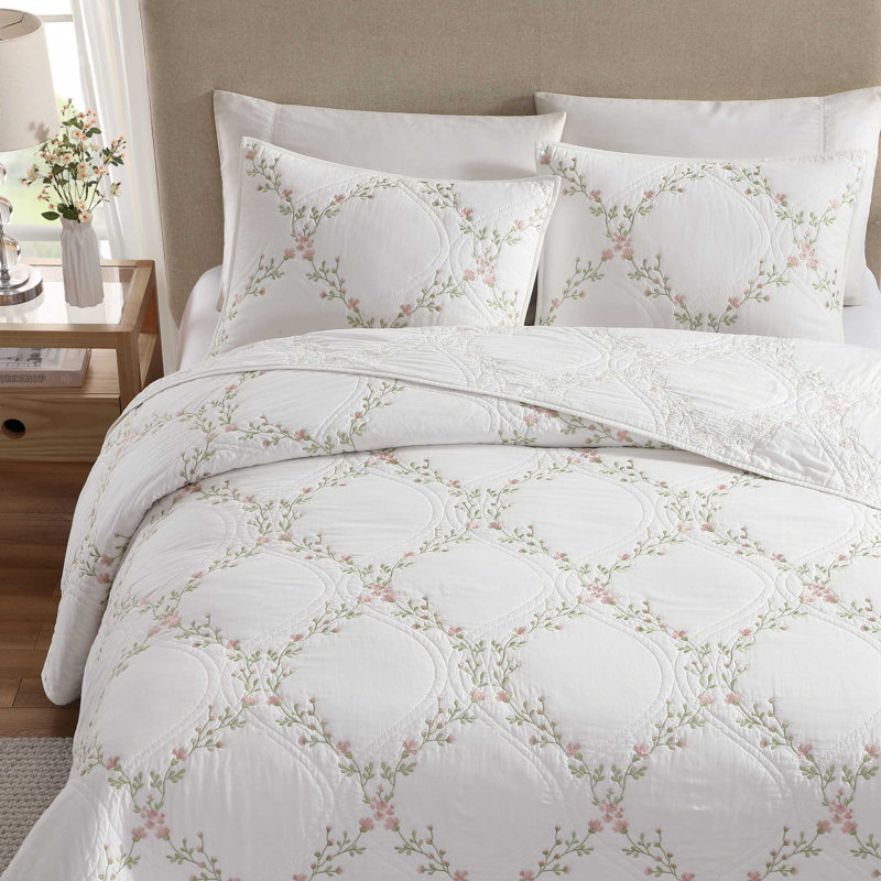 Laura Ashley Floral Embroidery Cotton Reversible Quilt Set, Twin Quilt + 1 Standard Sham, Pink Floral