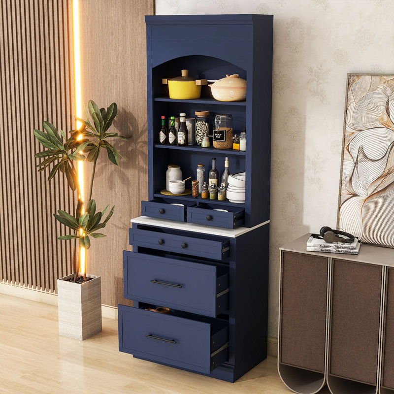 Garde-manger haut avec plateau en faux marbre, tiroirs de rangement et tablettes réglables, Noir, Bleu