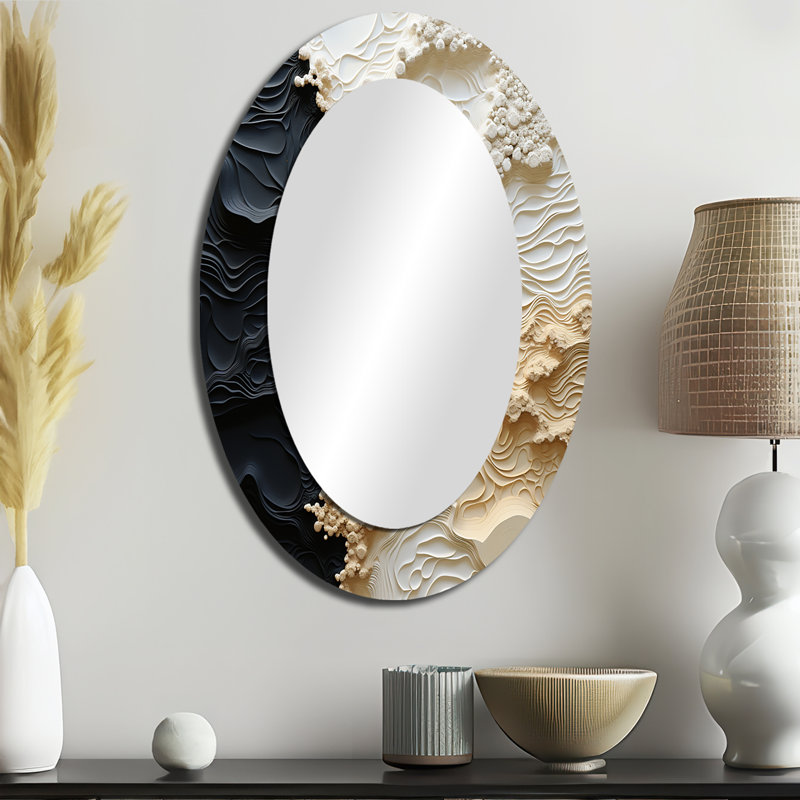 Peinture abstraite liquide crème et noire - Grand miroir mural ovale sur métal, 36 po x 24 po