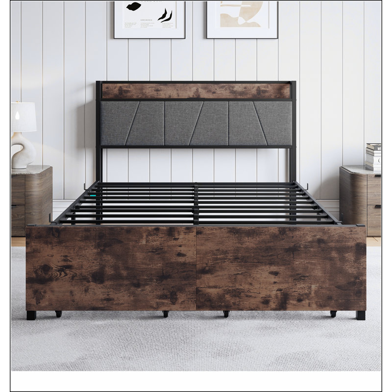 Base de lit, tête de lit avec station de charge et 2 tiroirs de rangement, Double