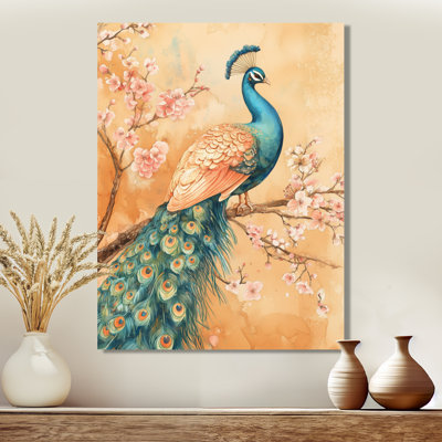 «Peacock parmi les cerisiers en fleurs III», reproduction d'art sur toile asiatique