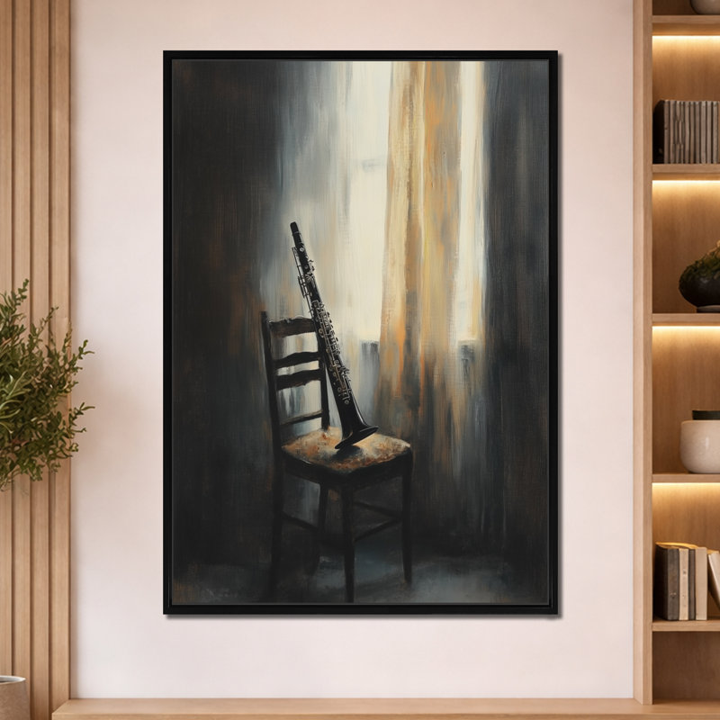 Interlude silencieux - Tableau encadré sur toile avec clarinette, H 60 po x l 40 po, Cadre flottant noir