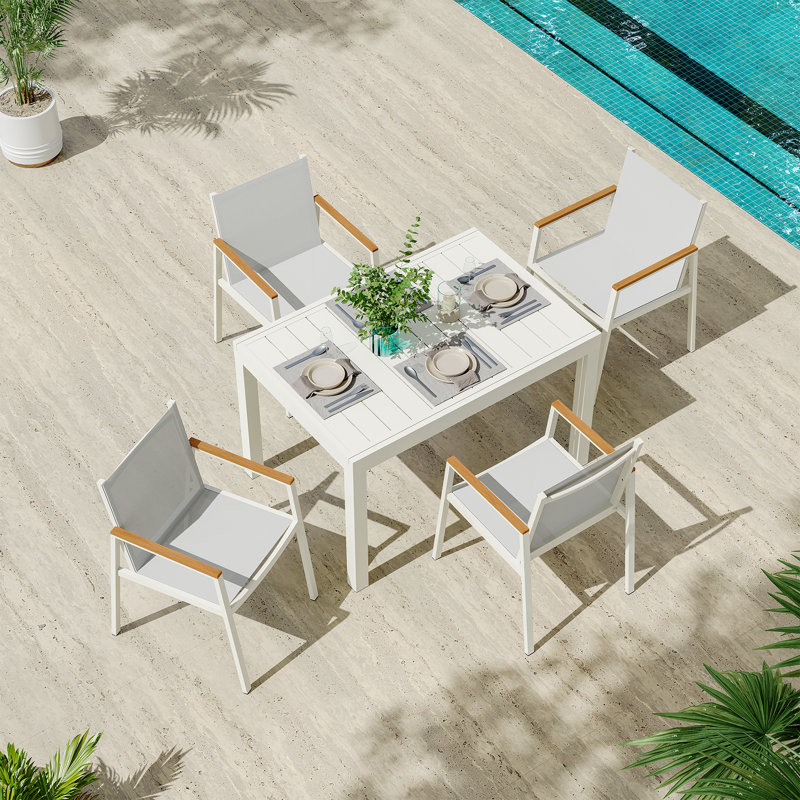 Ensemble de salle à manger d'extérieur en aluminium pour 4 personnes avec table rectangulaire extensible et chaises en textilène