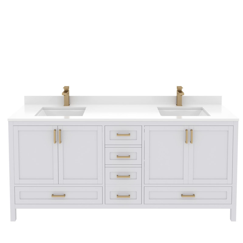 Meuble-lavabo double 72 po avec plateau en quartz blanc Rooh, Or brossé, Blanc