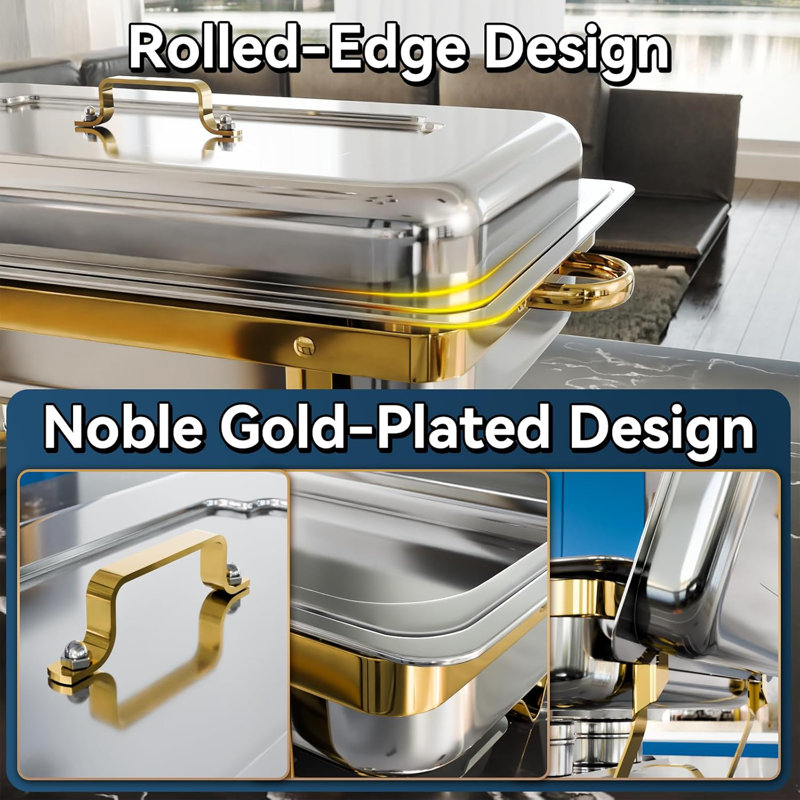 Chafing Dish Buffet Set, 9QT High Grade Chafing Dishes for Buffet, Chafers and Buffet Warmers Sets for Wedding, Rolled-Edge Design with Gold and Silver, 4 Pack