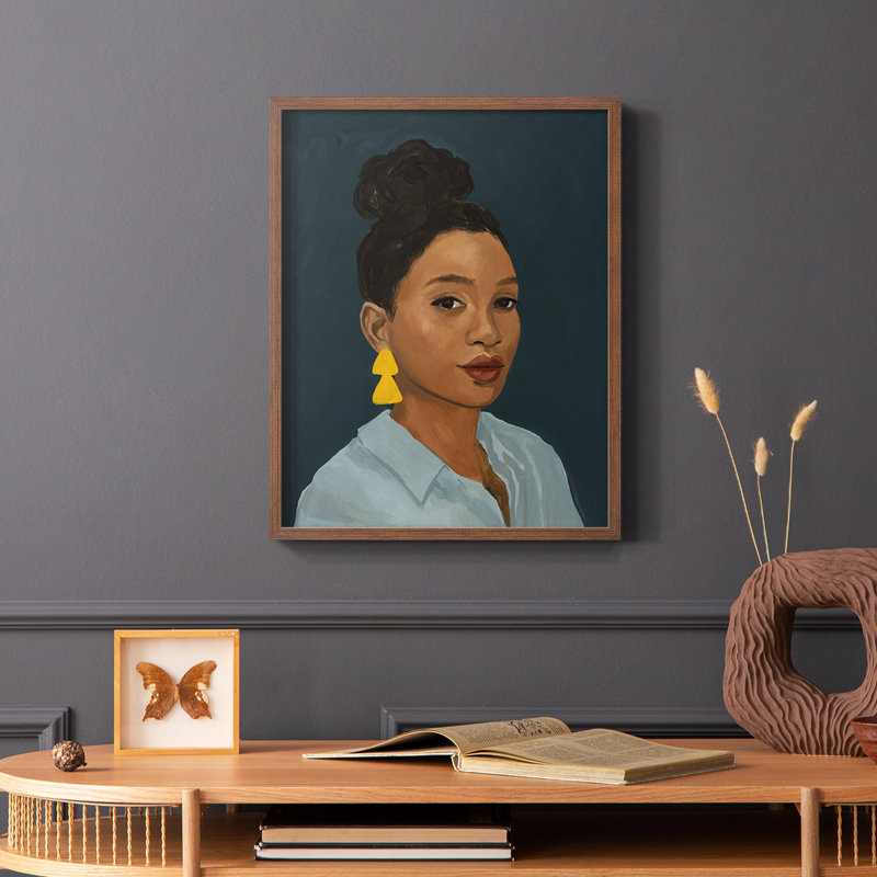 Chiffre avec boucle d'oreille jaune, reproduction encadrée - bois massif, Brun, H 10 po x l 8 po