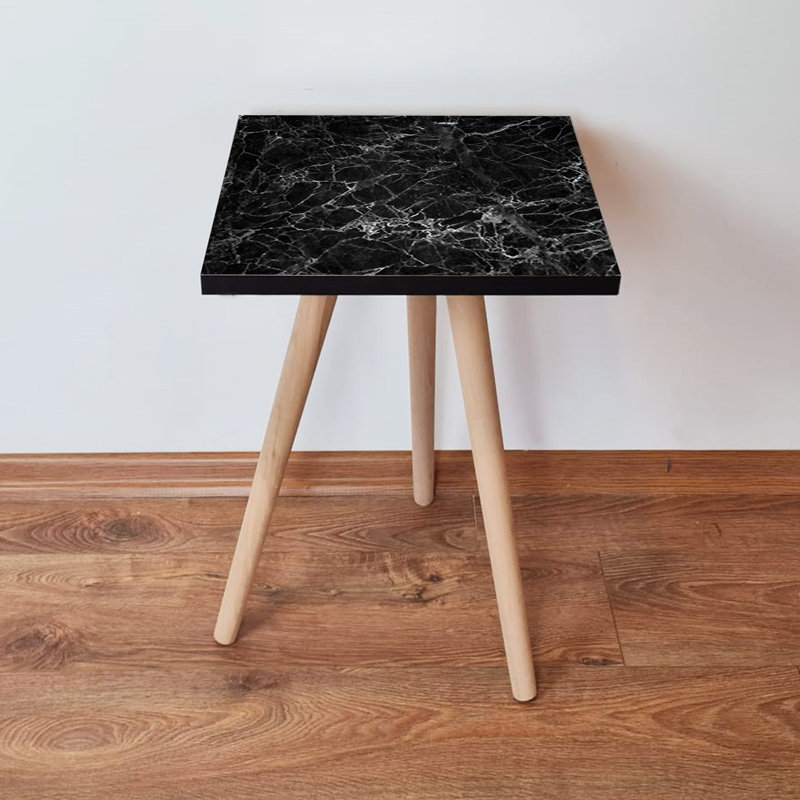 Table d'appoint moderne avec pieds en bois de hêtre, design en marbre noir et blanc, 13,8 x 16,5 x 13,8 pouces | 100% panneau de fibres à densité moyenne, épaisseur: 0,7 pouce | Mobilier scandinave élégant pour le salon et la chambre à coucher - Décoration polyvalente et élégante