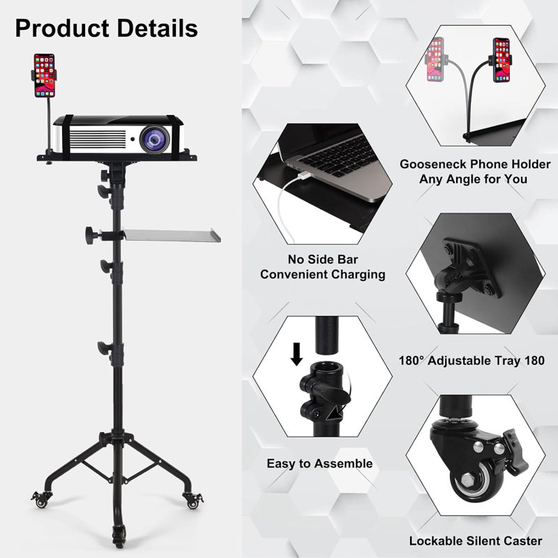 On Wheels With 2 Shelves, Portable Projector Floor Stand Adjustable Height 25.9 To 51.8 Inch With Phone Holder
