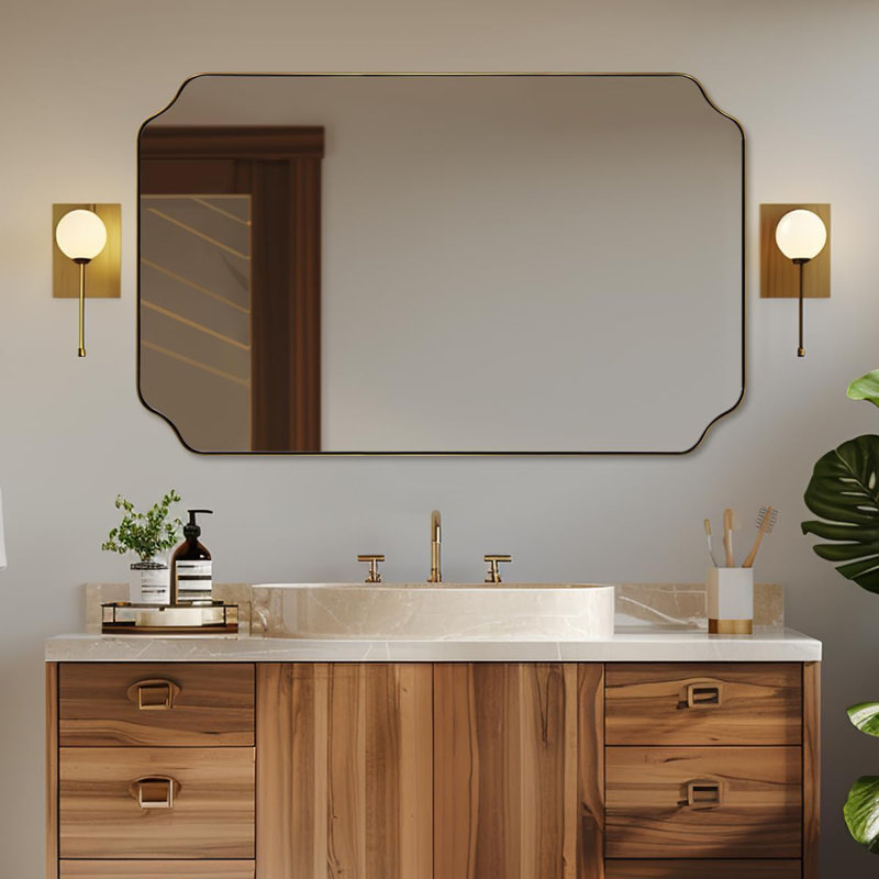 Miroir de salle de bain Modern Cadre en acier inoxydable, Or brossé, 48 po x 30 po