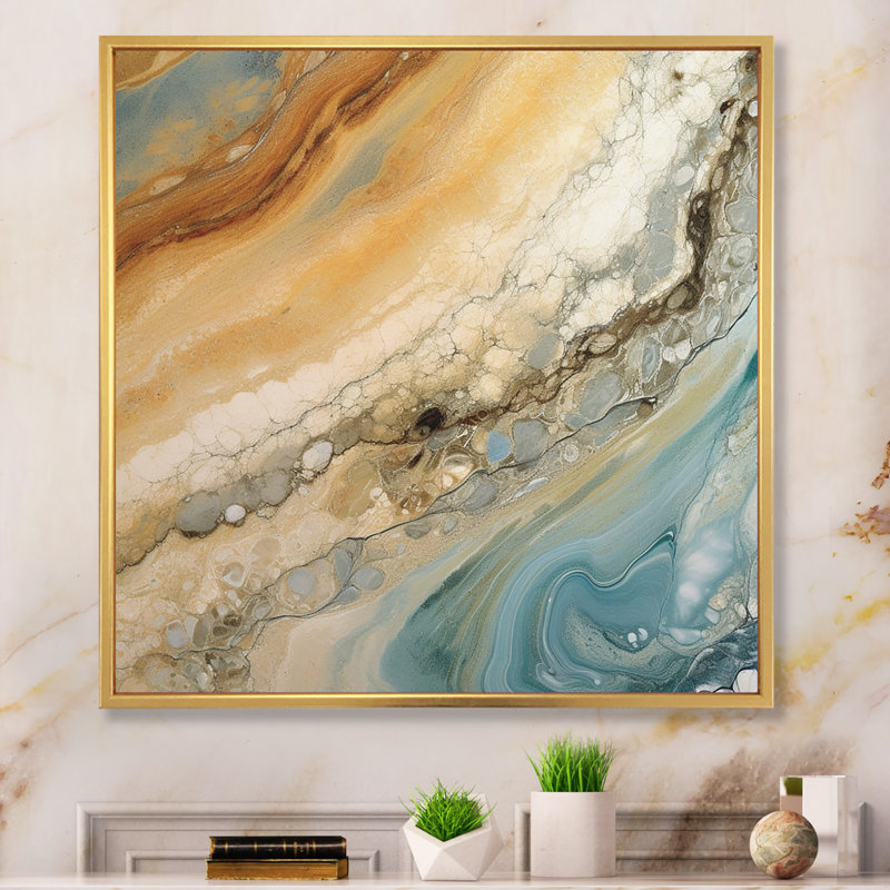 Beige bleu turquoise Symphony - impressions sur toile abstraites, H 24 po x l 24 po x P 1 po, Cadre flottant doré