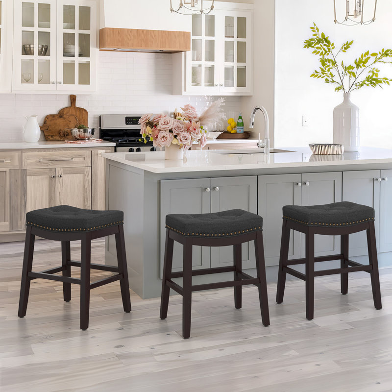 Bar Stools, 24 Inch Fabric Counter Height Bar Stools, Saddle Barstools For Kitchen Island With Nailhead Trim Tufted Button, Set Of 3