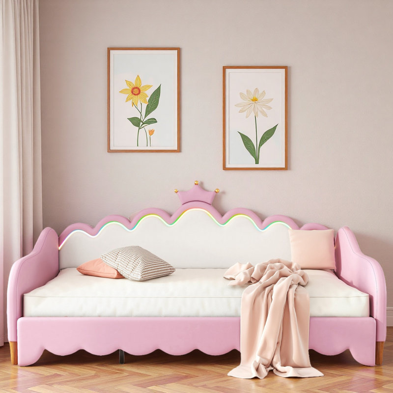 Lit de jour extensible rembourré avec lumières à DEL et tête de lit couronne, Rose