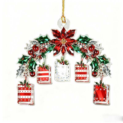 Acrylic Christmas Ornament With Poinsettia Gift Boxes Sparkling Festive Hanging Decor For Tree Window Or Holiday Display