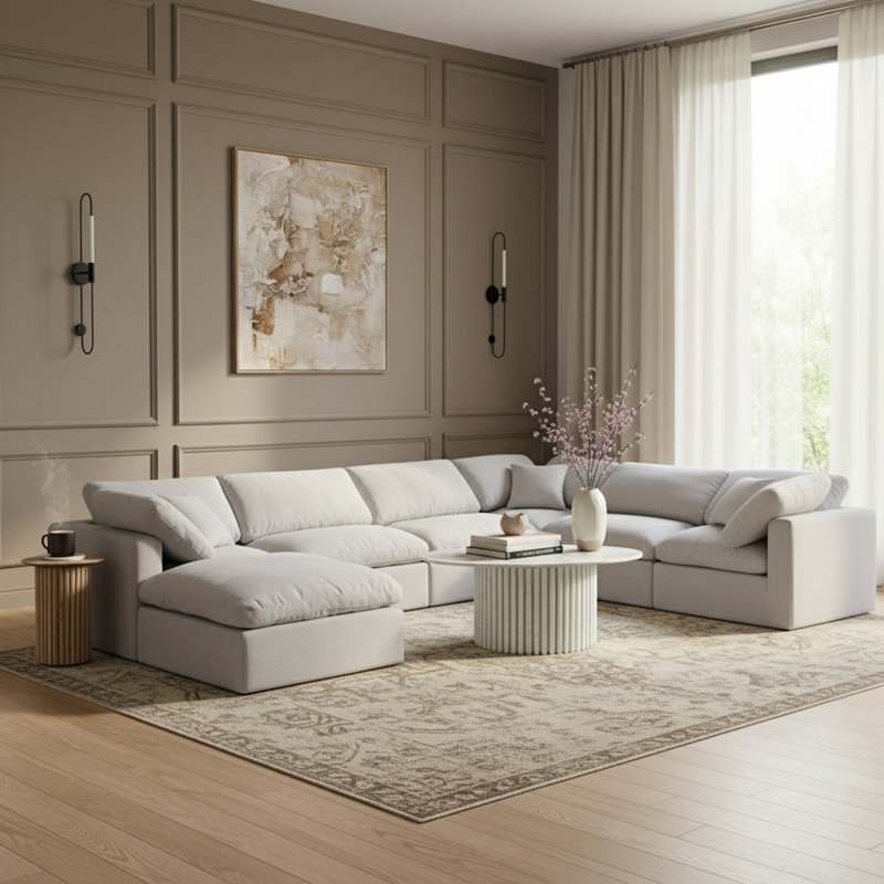 Canapé modulaire rembourré 7 pièces Hinami, Tissu gris texturé en lin