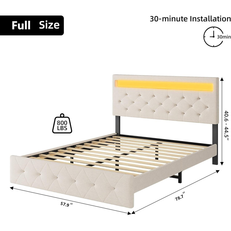 Bed Frame With LED Lights Headboard, Fast-Charging USB Port, White, Full