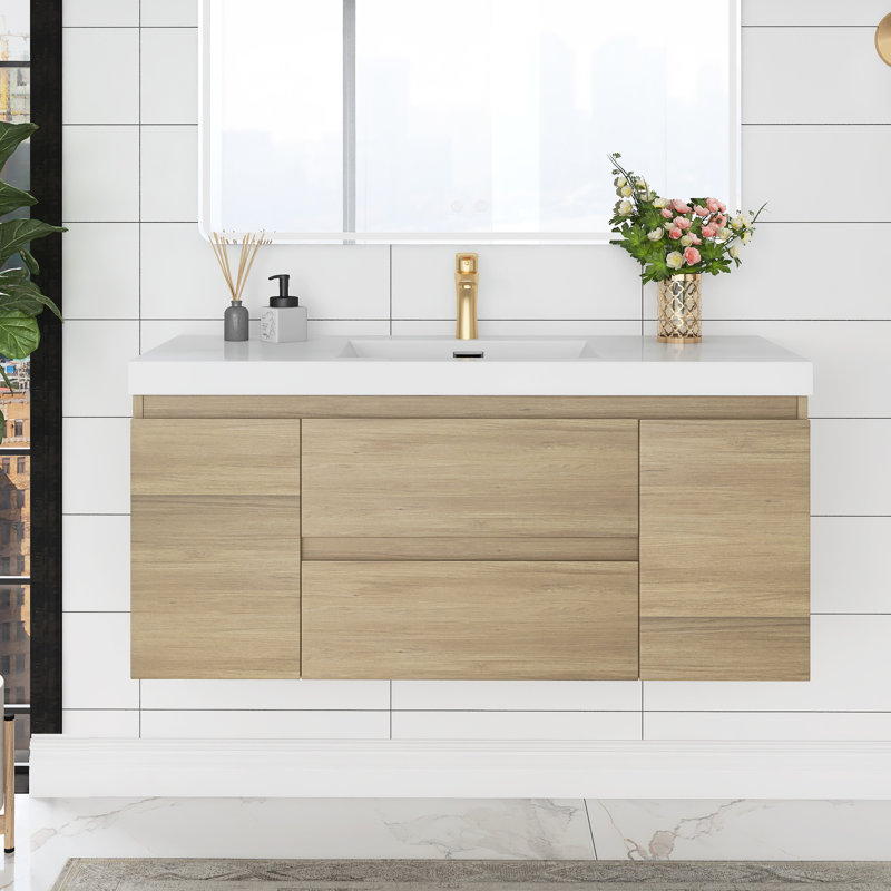 Bellecourt 48'' Single Sink Wall Mounted Bathroom Vanity with Resin Top, Natural Oak