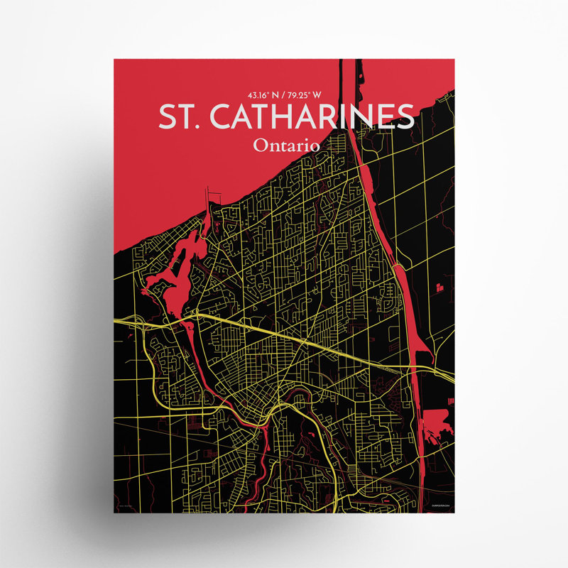 St. Catharines City Map, impression, Noir / rouge / jaune, H 24 po x l 18 po