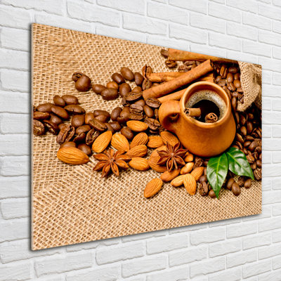 Grains Of Coffee And A Cup - No Frame Print on Glass
