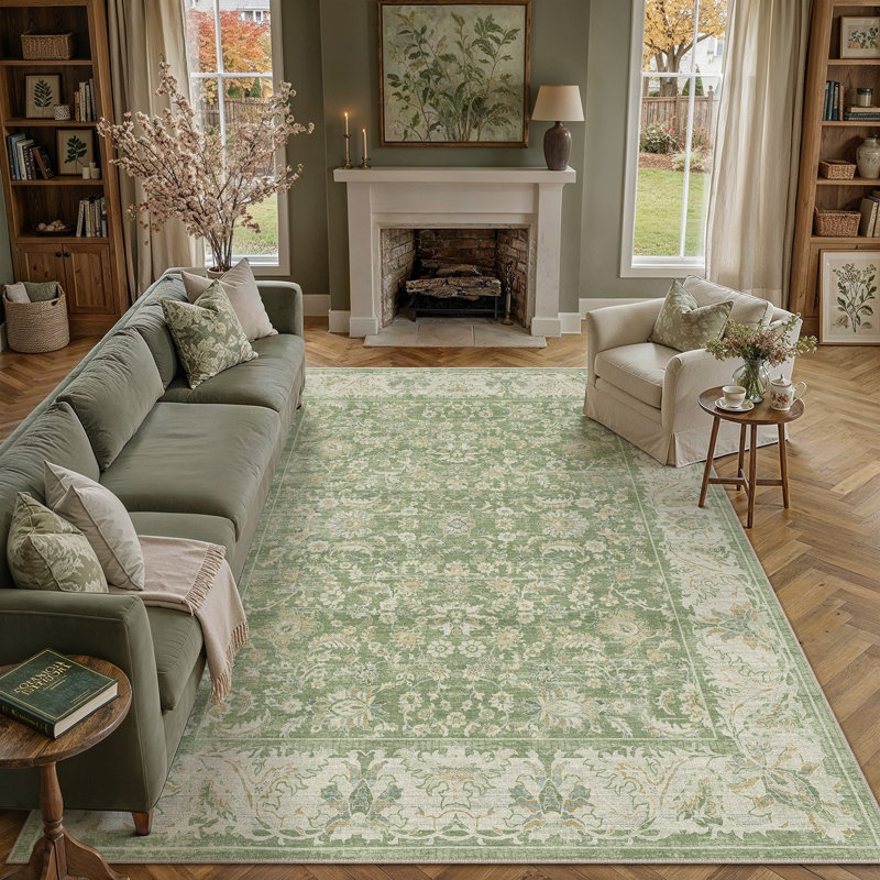 Tapis oriental lavable en machine Nestiva, Vert, Rectangle 8 pi x 10 pi