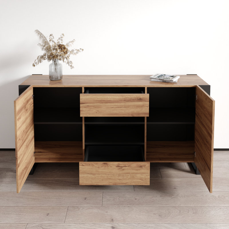Buffet togut 64,5 po avec finition ultrabrillante, Chêne / gris
