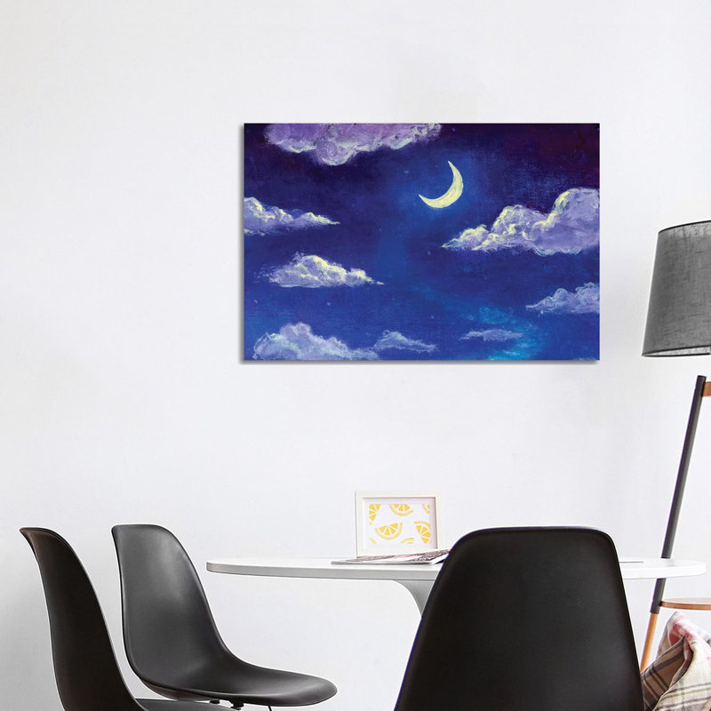Glowing Month Moon and Clouds on the Blue Night Sky 1 Piece Wrapped Canvas Painting, 101.6 cm H x 66.04 cm W x 1.91 cm D