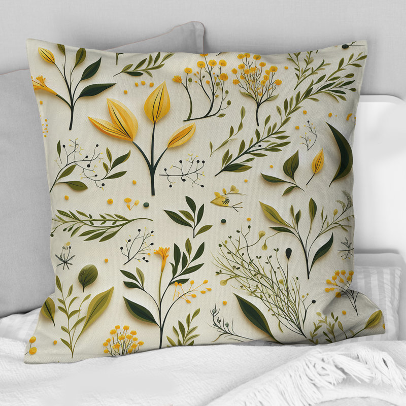Coussin décoratif imprimé floral jaune et vert, H 16 po x l 16 po