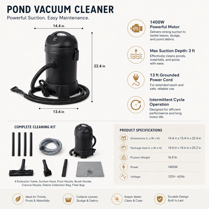 Ensemble d'aspirateur de jardin noir 1400W avec tuyau d'aspiration et buses