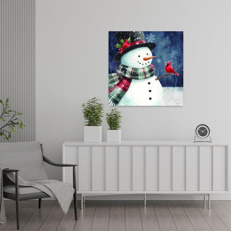 Bonhomme de neige de Noël avec cardinal I, art abstrait contemporain, nature, hiver, H 24 po x l 24 po